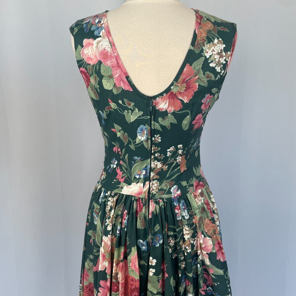 Vintage Midi Dress Size 10 Green Pink Floral Botanical Garden Spring Romantic - Picture 9 of 16